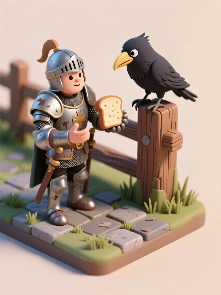 A wandering knight sharing his last piece of bread with a talking raven perched on a fence post.