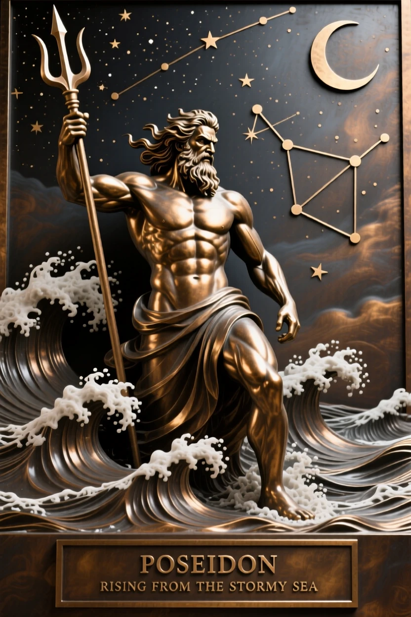 Poseidon rising from a stormy sea, set against a vast celestial backdrop, radiating awe and grandeur