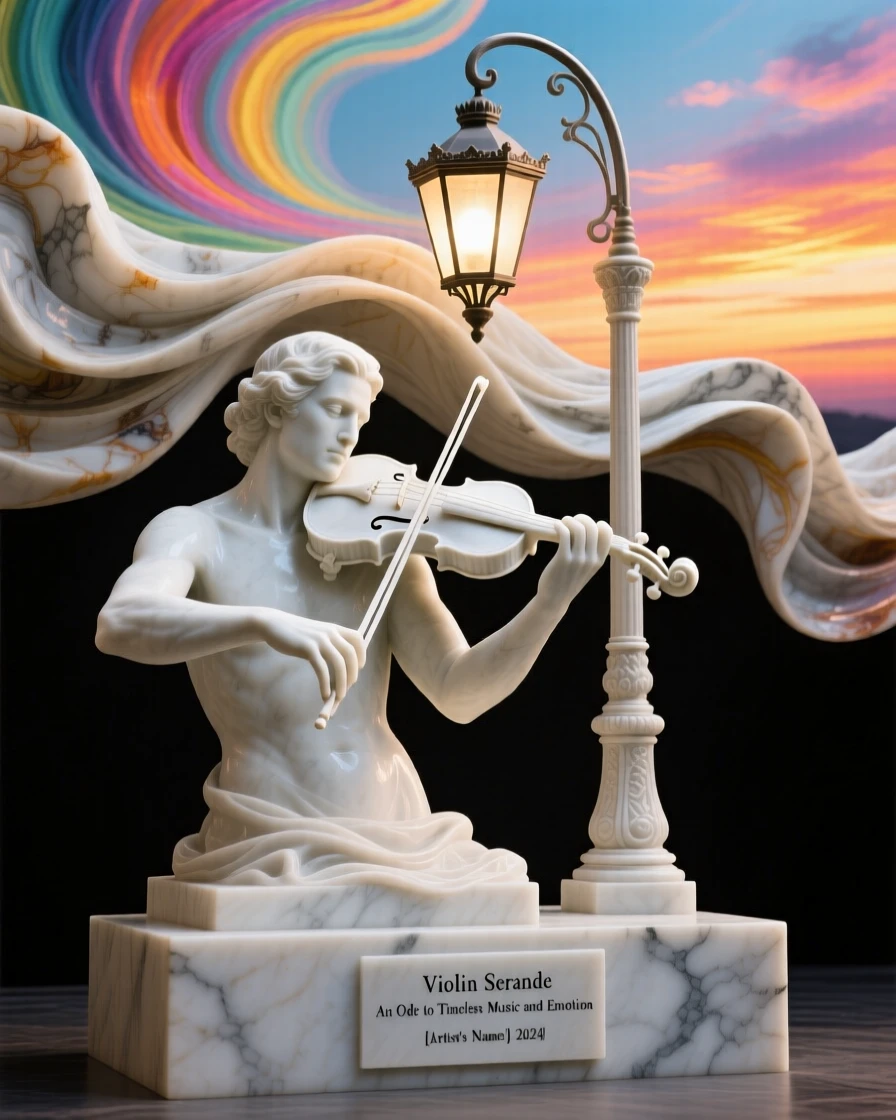 An evocative depiction of a violin player performing beneath a streetlamp, under a brilliant, colorful sky, balancing detail with emotional depth