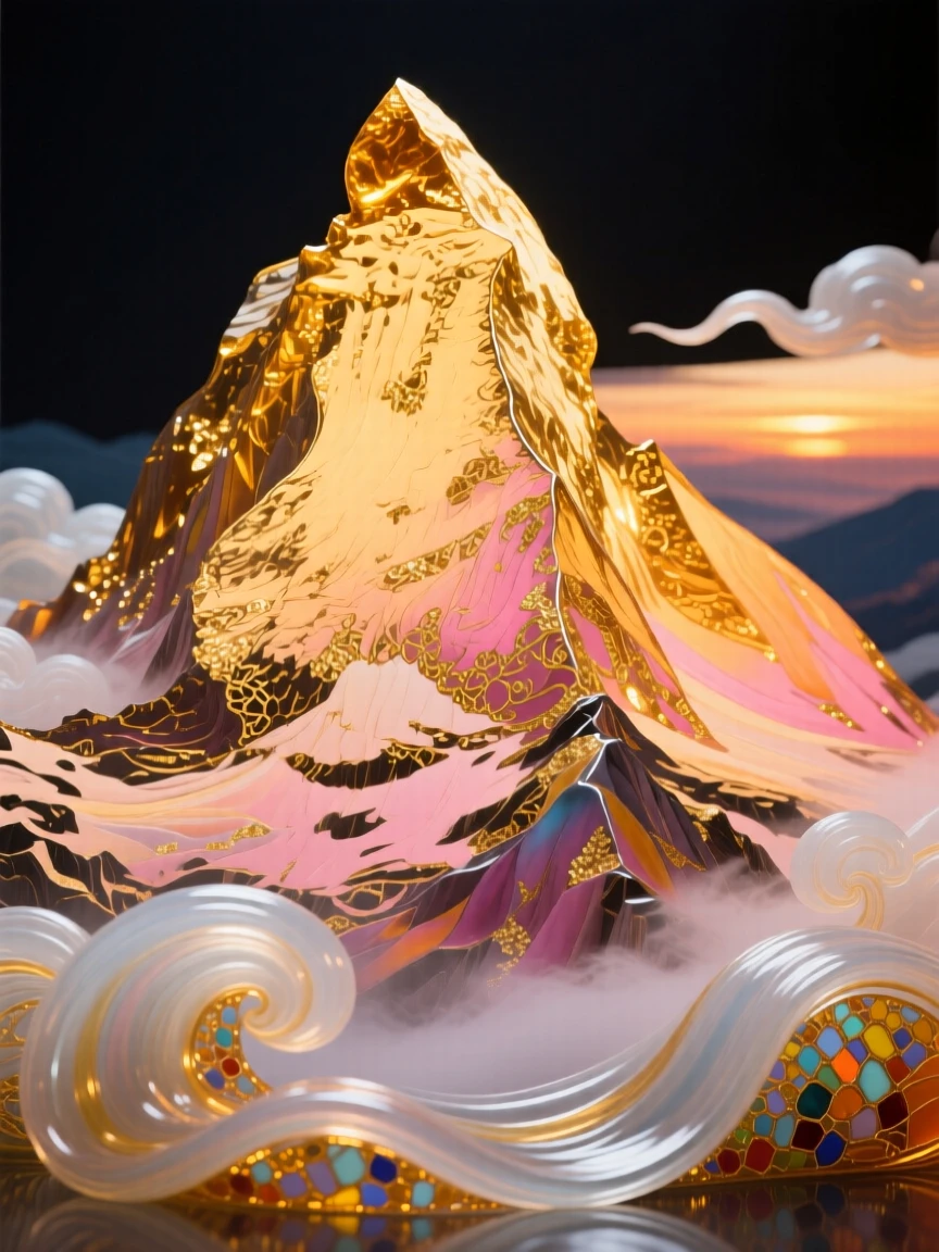 A grand mountain summit glowing gold at sunrise with clouds rolling below, triumphant and vast.