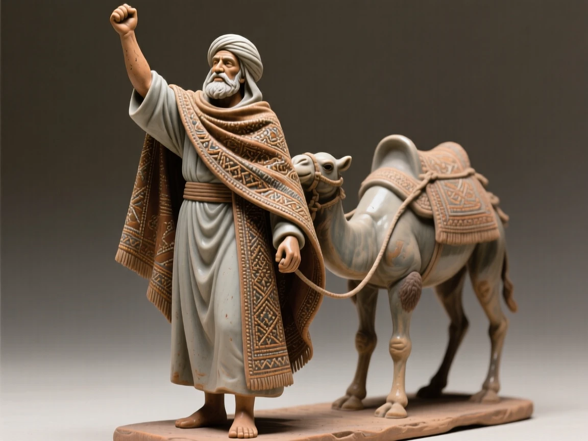 A nomadic trader leading a caravan raising an arm in triumphant gesture, draped in richly embroidered ceremonial cloth, evoking reverence for ancient tradition.