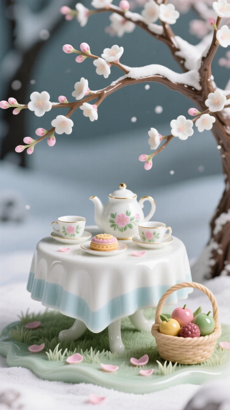 A cozy winter moment: a picnic beneath blossoming trees, framed by the colors of the season.