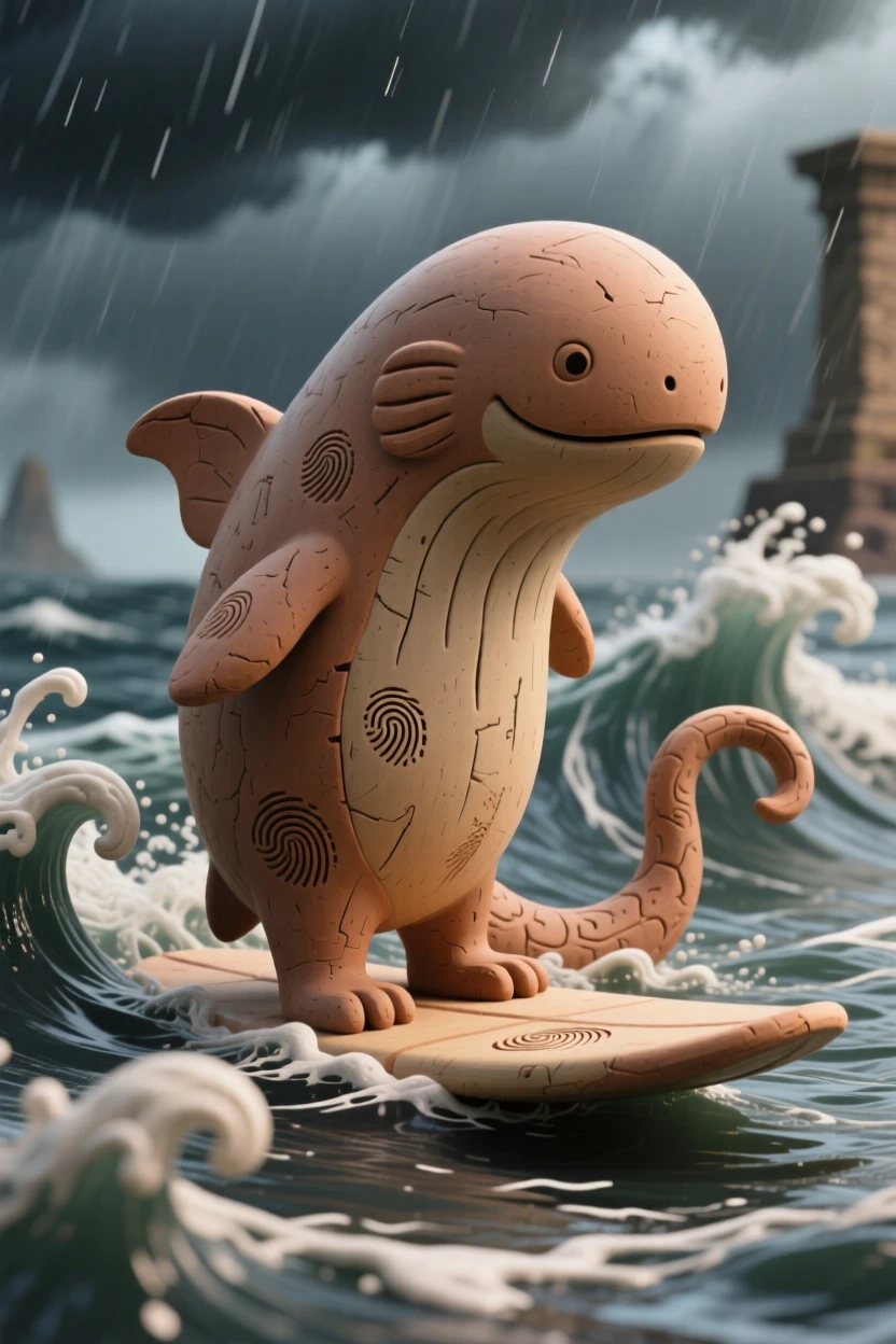 A leviathan surfacing briefly in a stormy ancient sea
