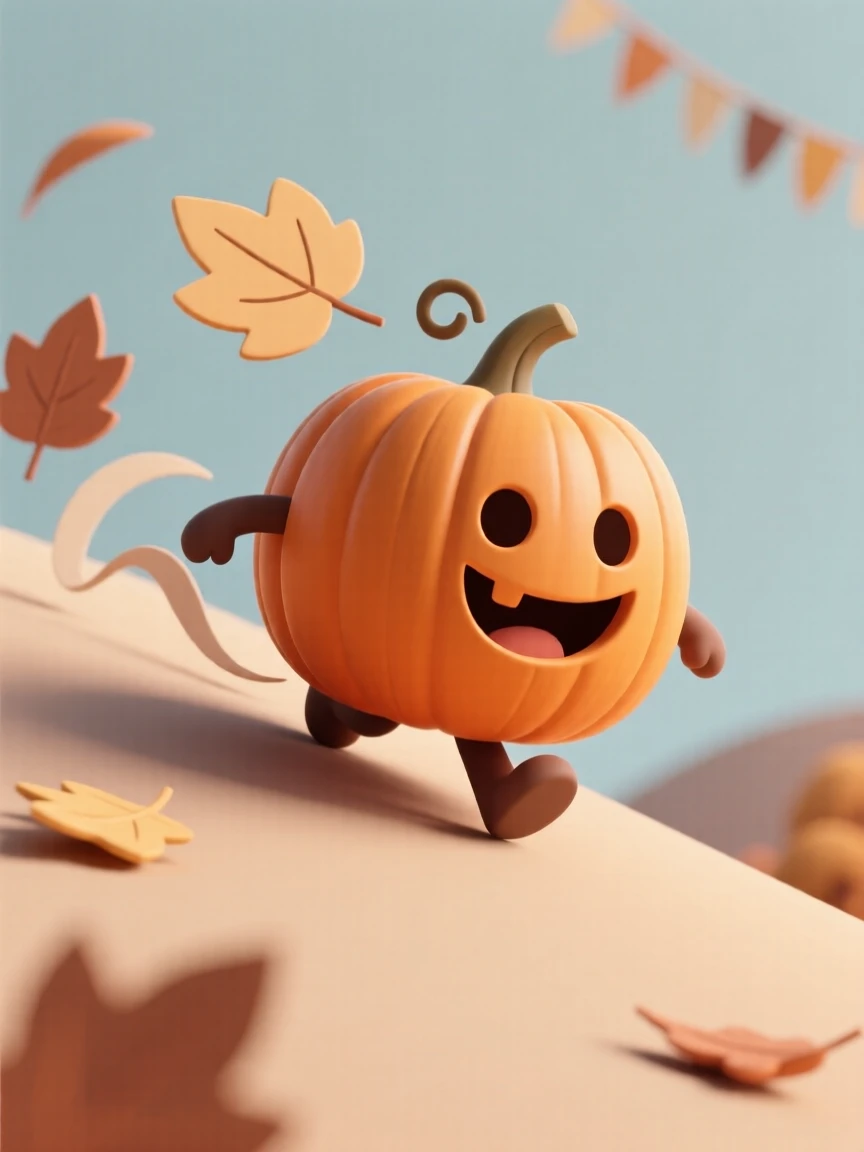 A cheerful pumpkin spirit rolls itself down a hill during an autumn harvest festival, leaves swirling behind.