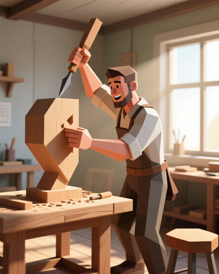 A woodworker carefully carving a wooden sculpture, in a cozy sunlit studio. dynamic motion is captured with a clear sense of energy. The moment radiates confidence and joy.
