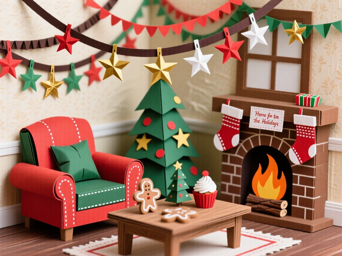 A cozy Christmas living room set beneath a canopy of colorful decorations, with festive treats displayed abundantly, capturing cherished holiday tradition.
