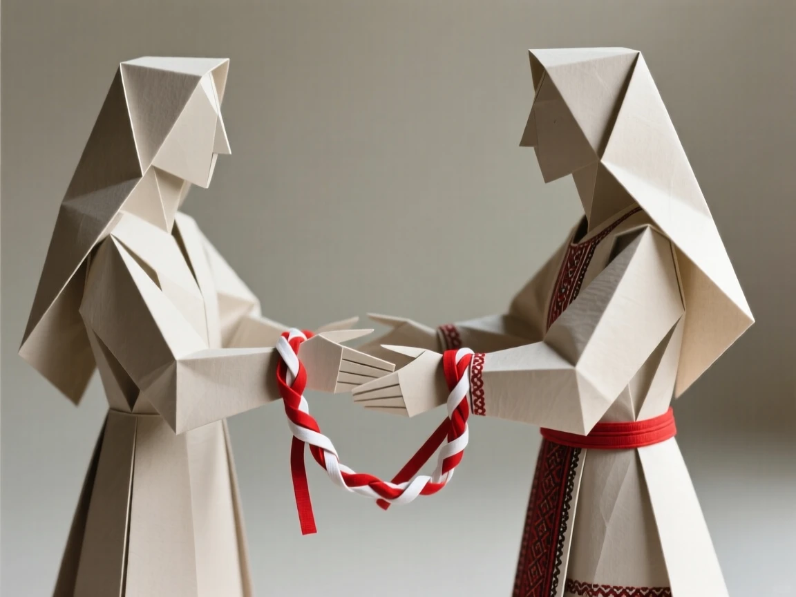 A Bulgarian Baba Marta celebration scene with red and white martenitsa bracelets exchanged.