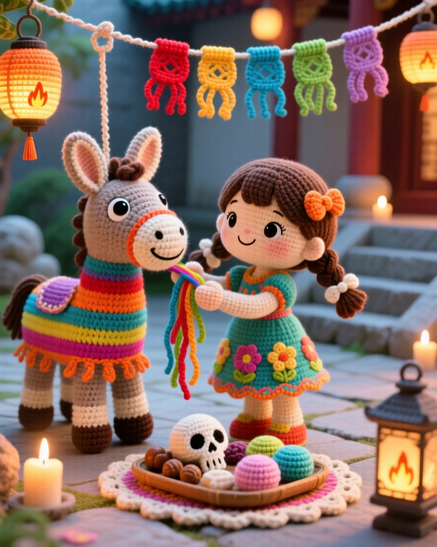a little girl decorating a piñata, for a birthday fiesta, hanging colorful streamers nearby, at a quiet temple courtyard glowing with candlelight, with a small tray of traditional sweets nearby, radiating bright, celebratory warmth.