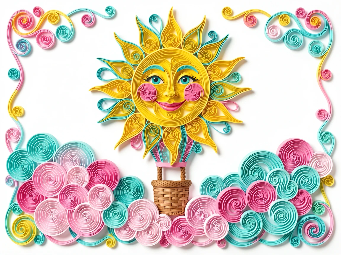 a hot air balloon shaped like a smiling sun, beneath a sky full of fluffy cotton-candy clouds, framed with a whimsical storybook illustration feel, in bright candy colors of pink, turquoise, and yellow.