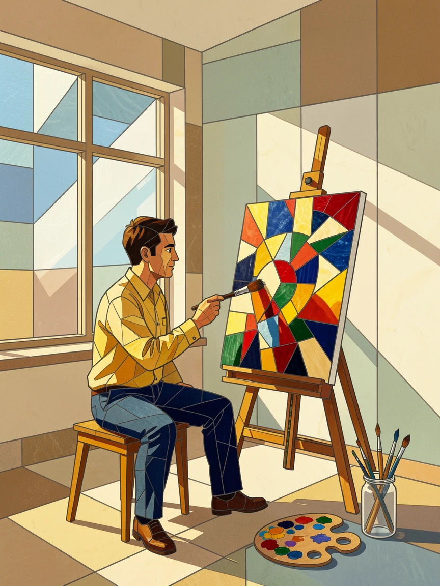 A painter working on a colorful canvas in a sunlit studio.