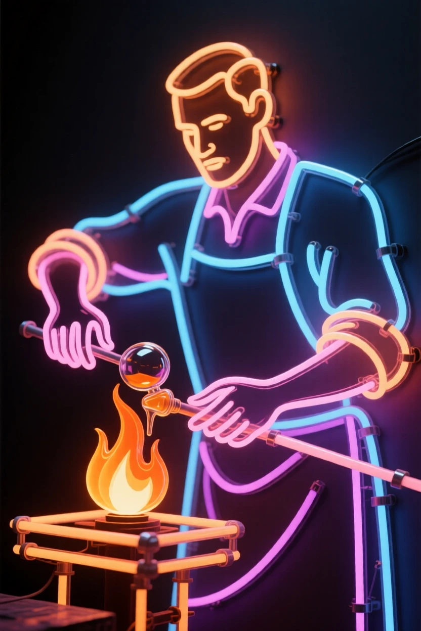 A glassblower shaping a molten piece of glass over a flame.