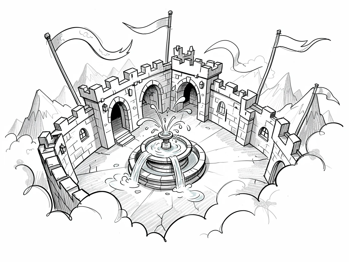 A castle courtyard with a bubbling fountain among the clouds above a mountain range.