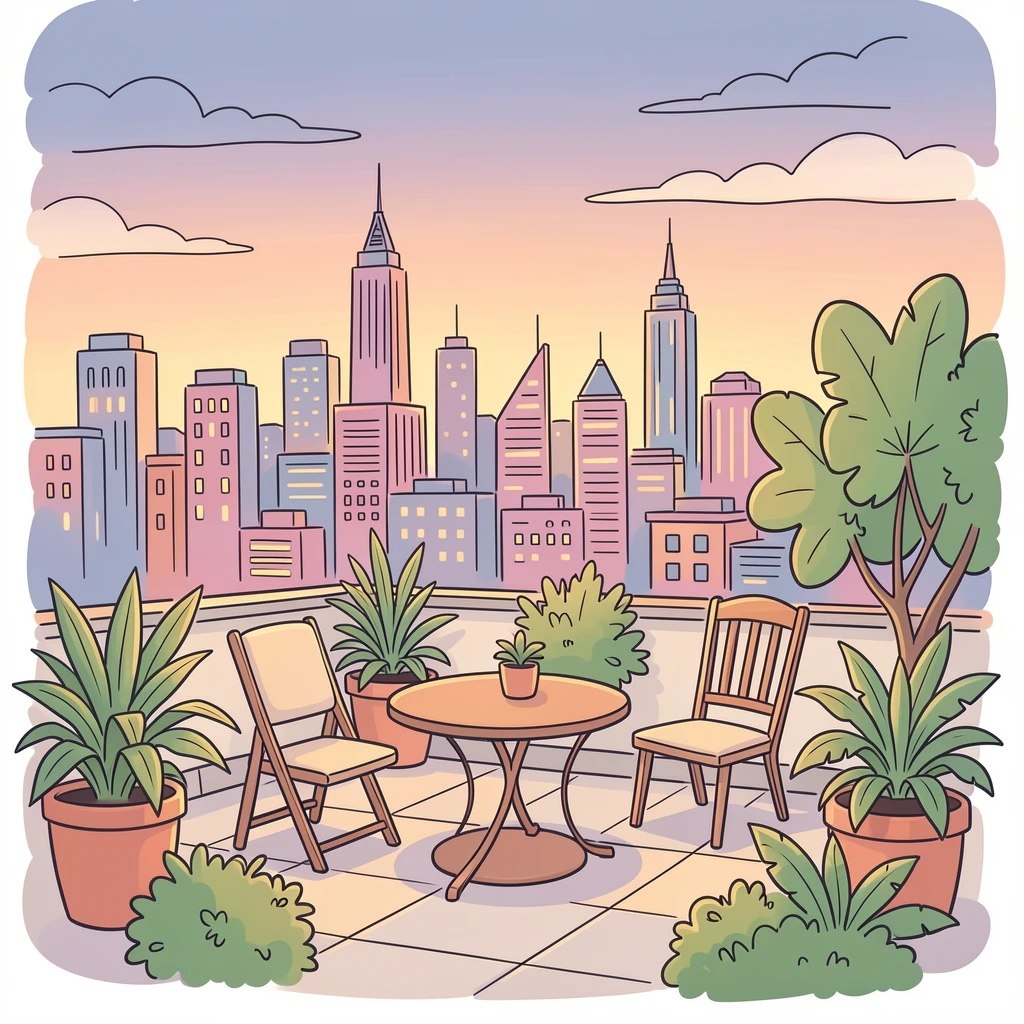 A quiet rooftop garden overlooking a bustling city skyline at dusk.