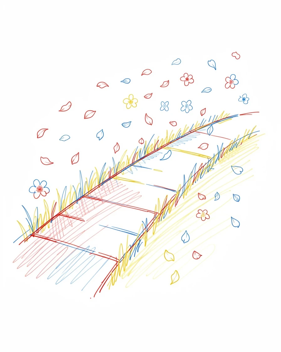 A gentle spring breeze scattering flower petals across a garden path