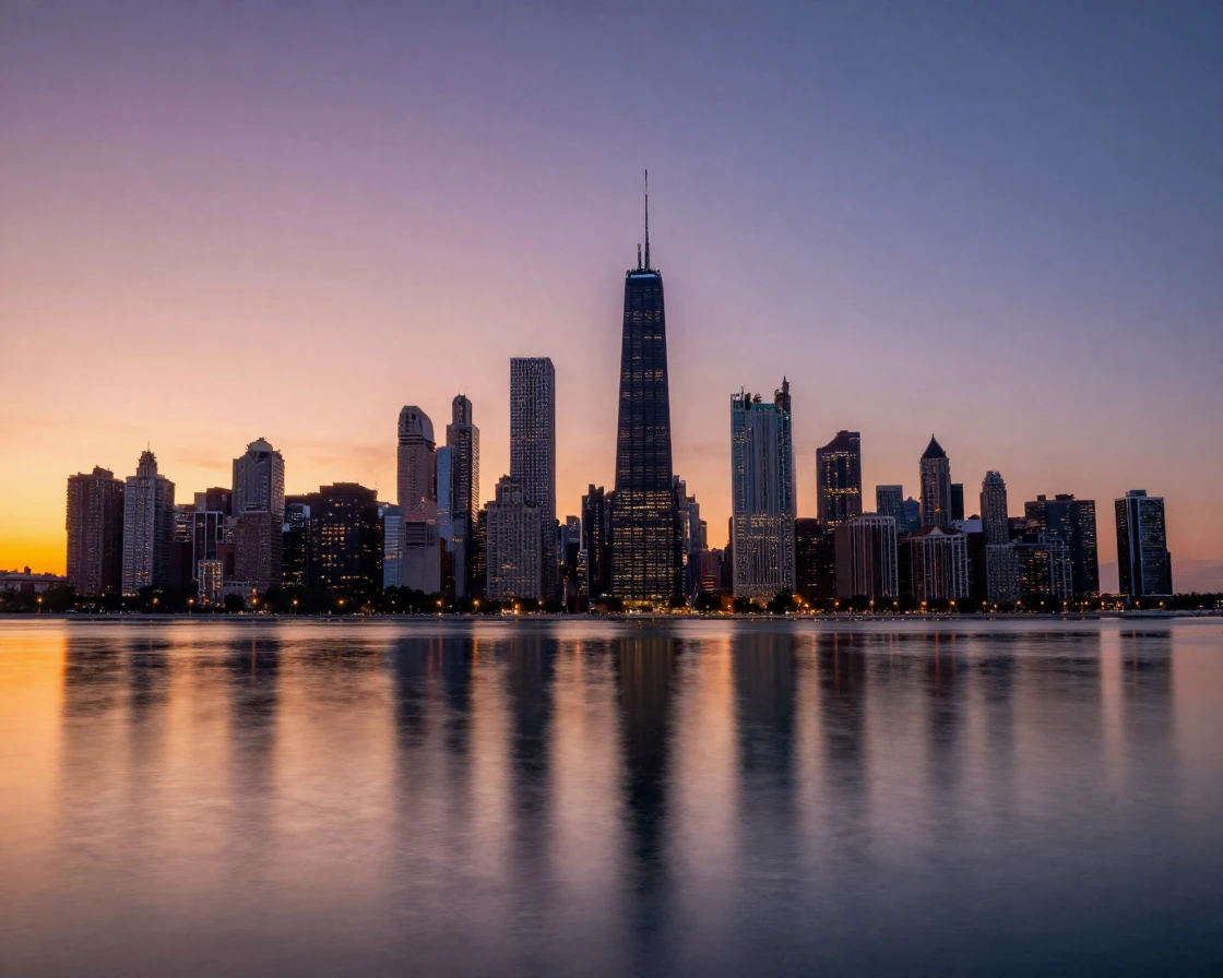 A Chicago skyline reflected in Lake Michigan at dusk