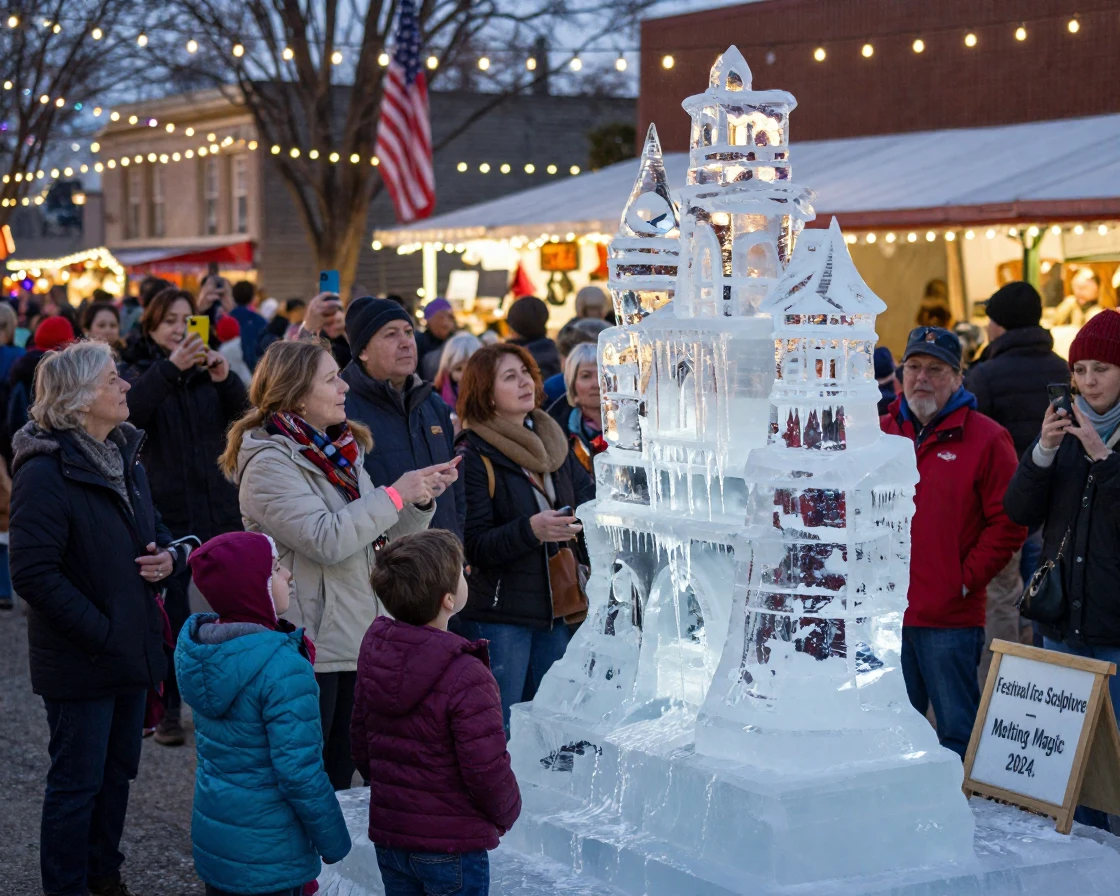 A crowd gathers around a giant ice sculpture melting slowly under festival lights.