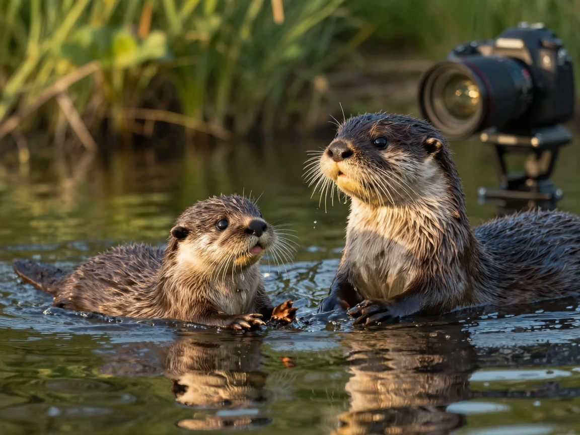 A playful otter pup learning to swim for the first time with its mother nearby