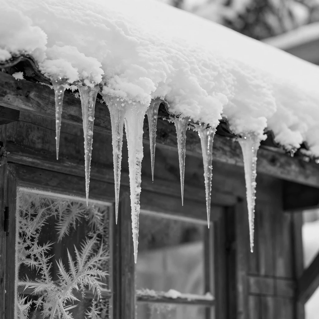 A row of icicles hangs from a snow-covered roofline beside frosted window panes.
