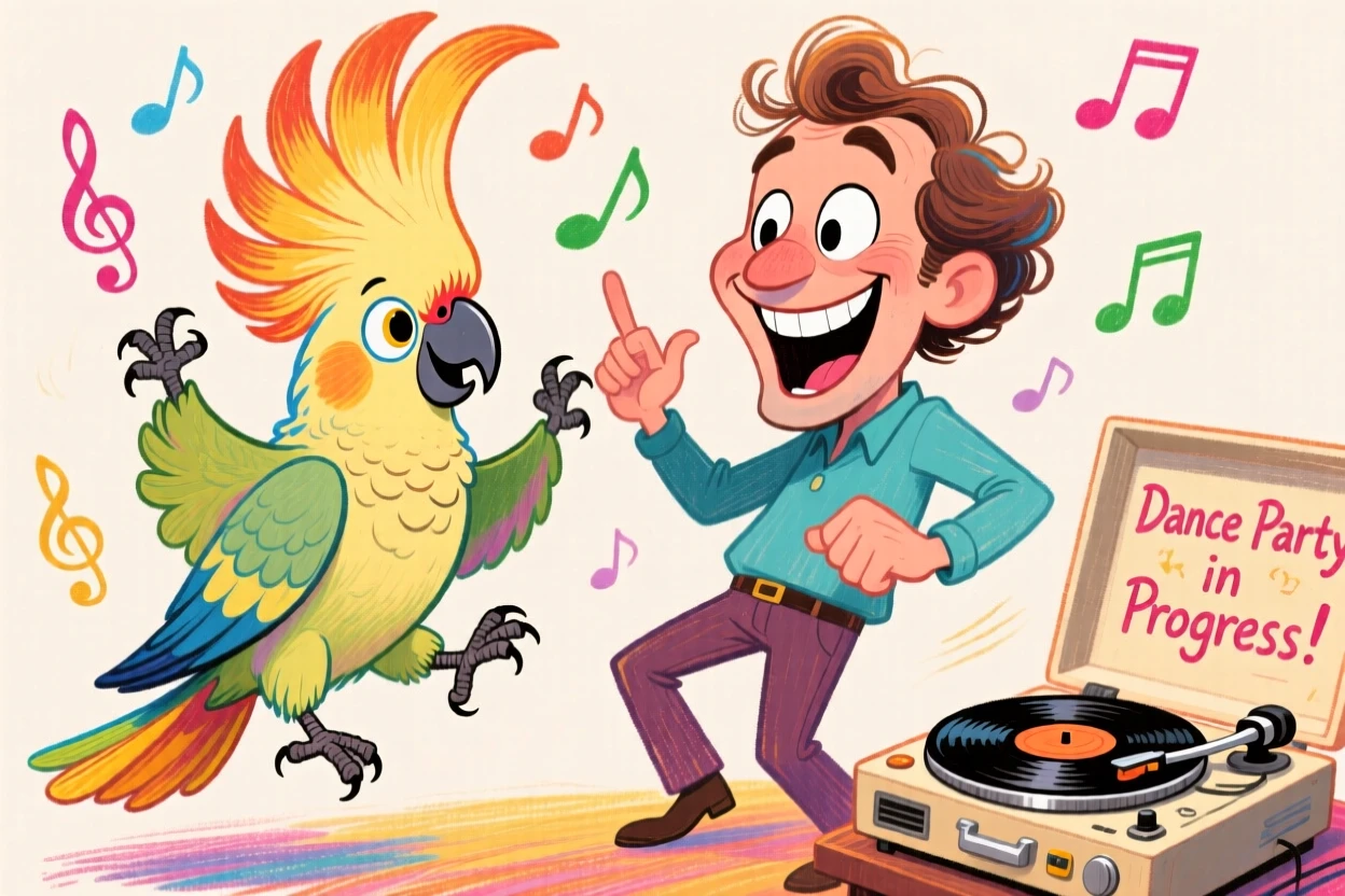 A man teaching his cockatoo to dance along to music, both bobbing along.