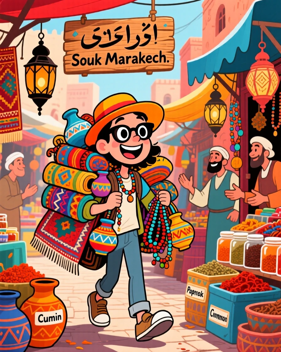 An iconic travel scene featuring a delighted tourist wandering through a bustling market in Marrakech, with souvenirs already piling up in their arms.
