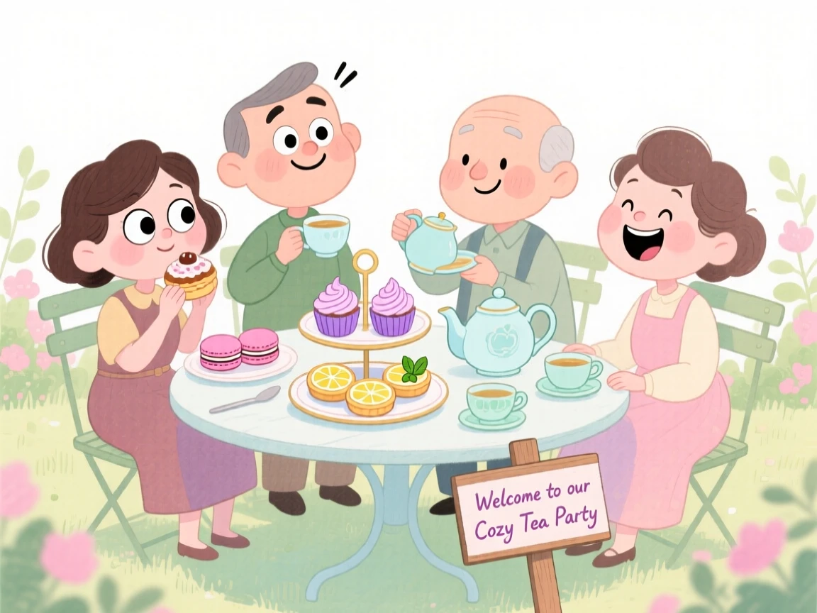A cozy, appetizing, soft and dreamy scene of a garden tea party with tiered trays of pastries