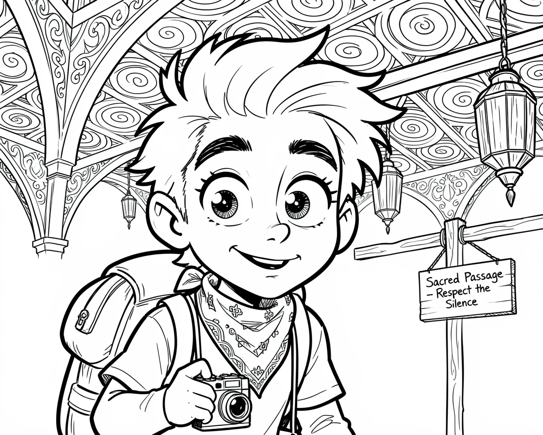 [Travel & Cultural Experiences] Vivid travel scene of an awestruck road tripper admiring an ornate temple ceiling, full of wonder and adventure