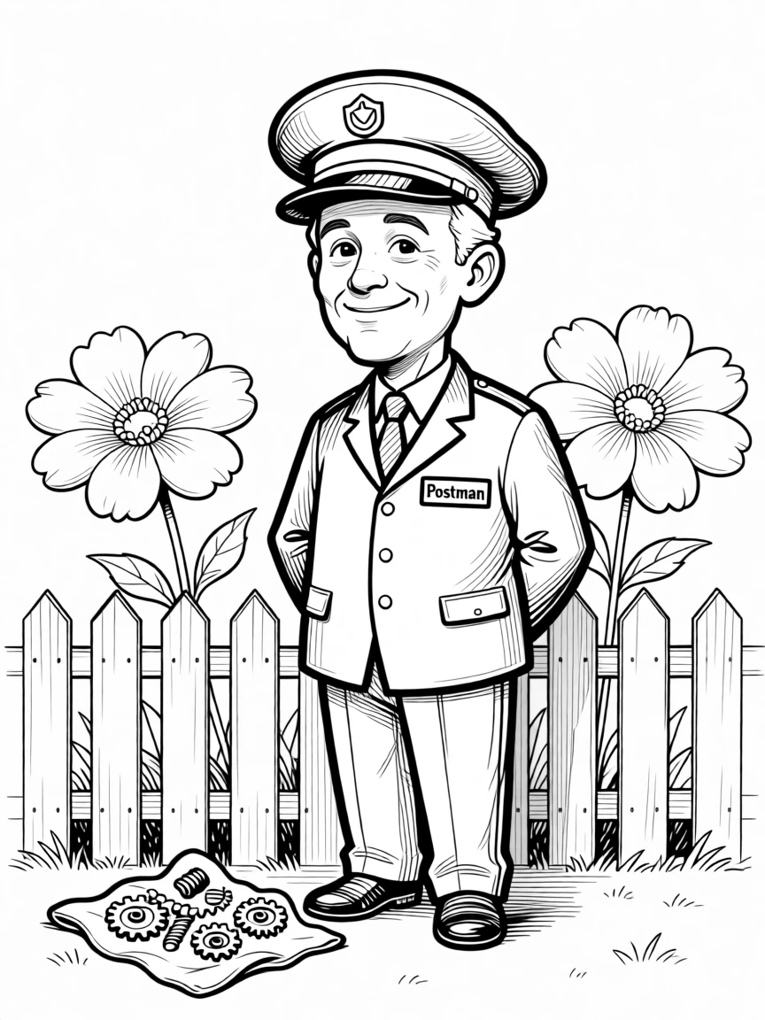 A retired postman reminiscing about his old delivery route, beaming proudly beside blooms twice the usual size, set over a low garden fence. Tiny gears and springs are scattered neatly on a cloth. The image honors a lifetime of stories worth telling.
