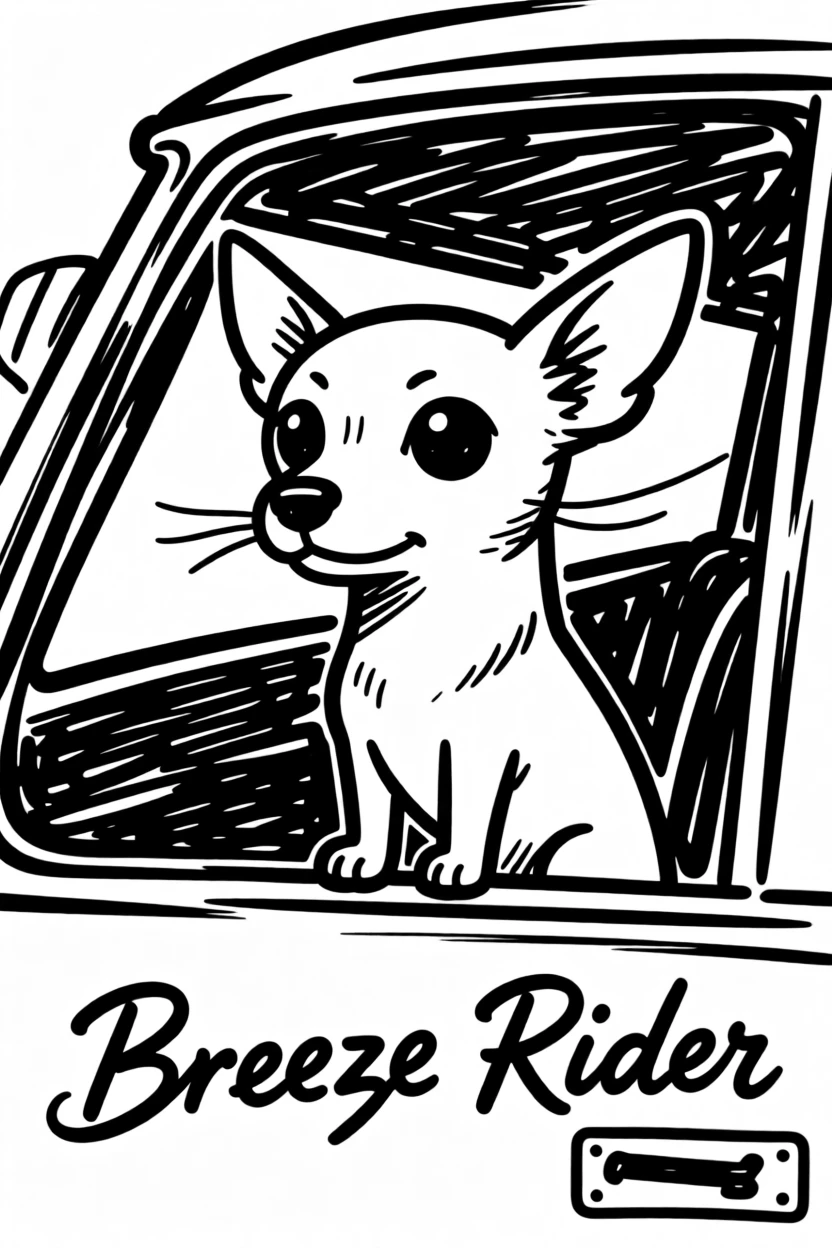 A chihuahua sitting attentively in a car window, ears flapping in the breeze.