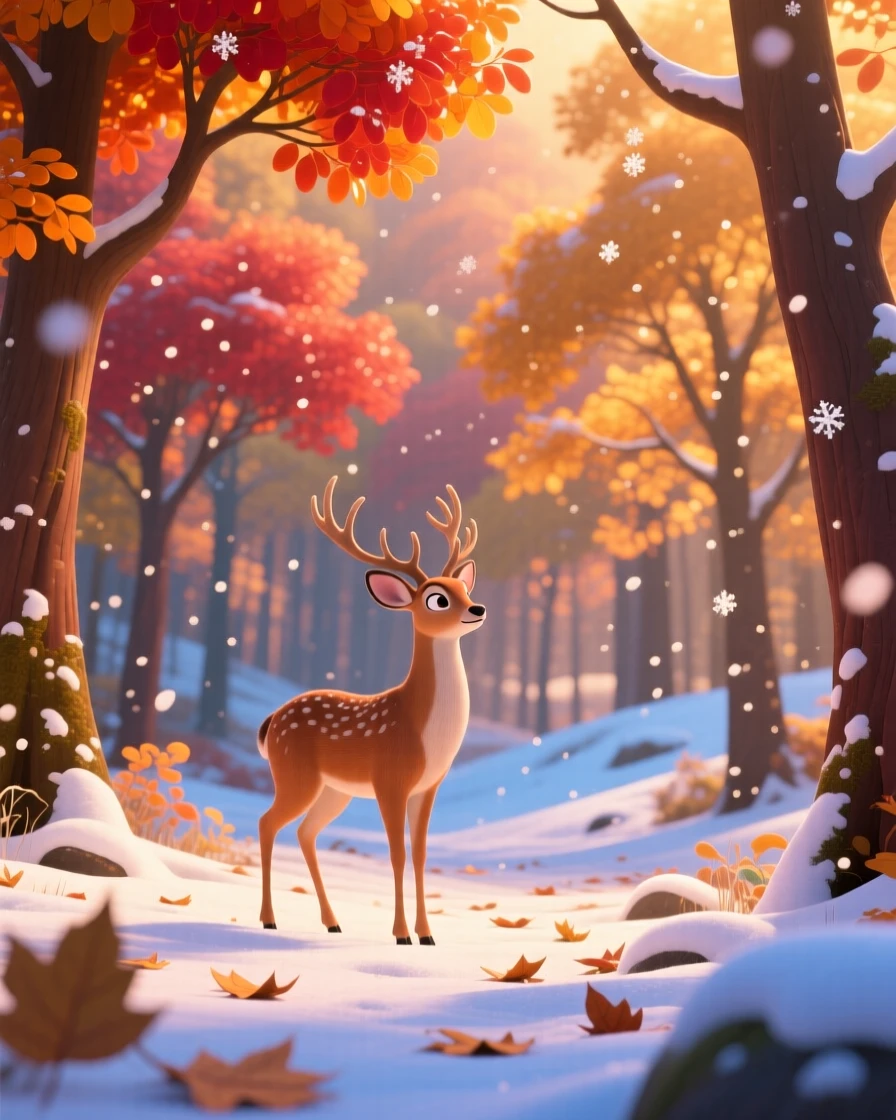 A autumn forest ablaze with color glows while a light snow begins to dust the landscape, with a single deer pausing at the tree line. The mood is serene, vast, and quietly majestic.