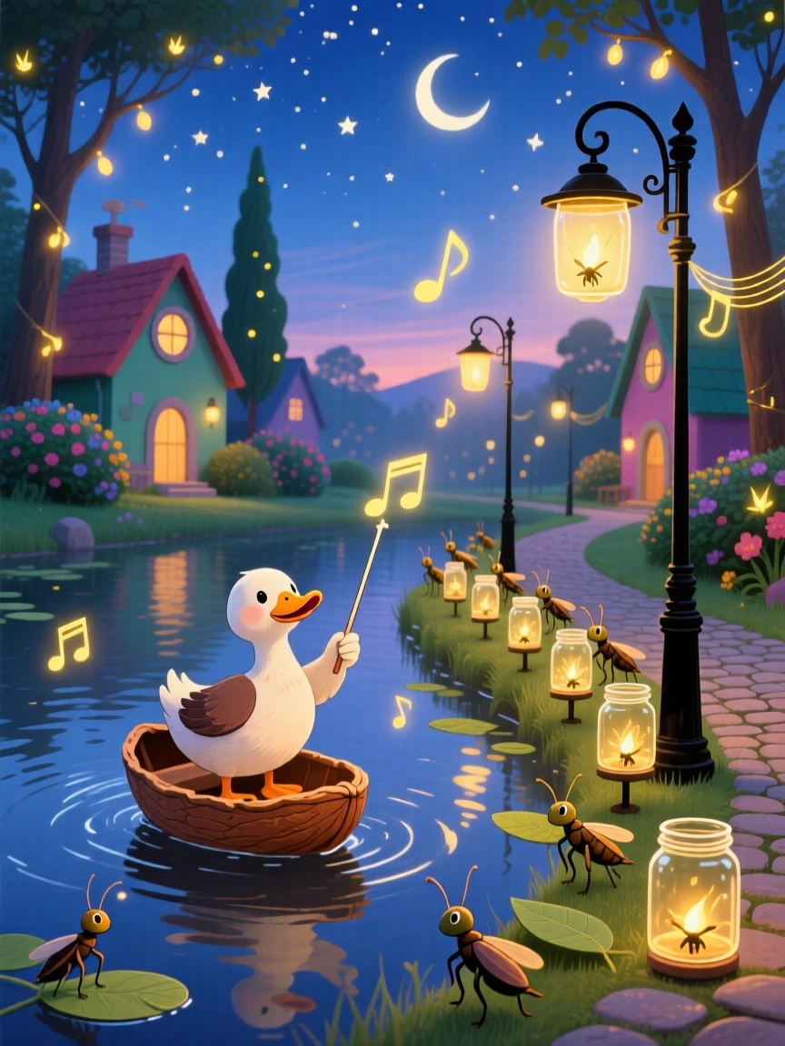 A duck who sails a walnut-shell boat is conducting an orchestra of chirping crickets in a town where the streetlights are fireflies in jars, as a soft melody seems to hum through the air.