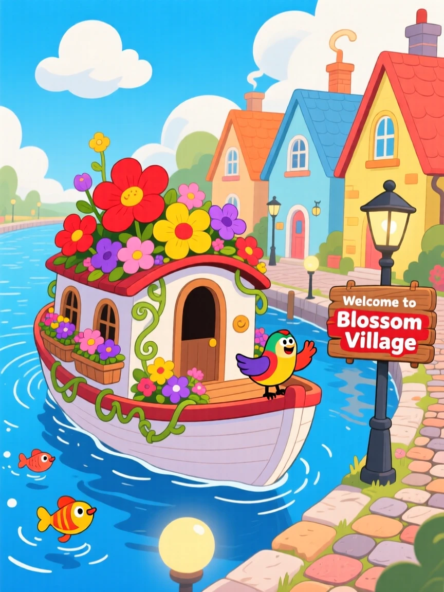 A canal boat decorated with flowers drifting past a village.