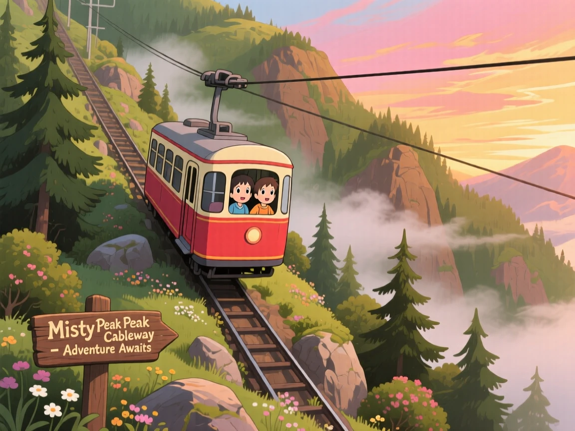 A charming scene of a cable car climbing steeply up a misty mountainside, under a sky painted with warm colors.