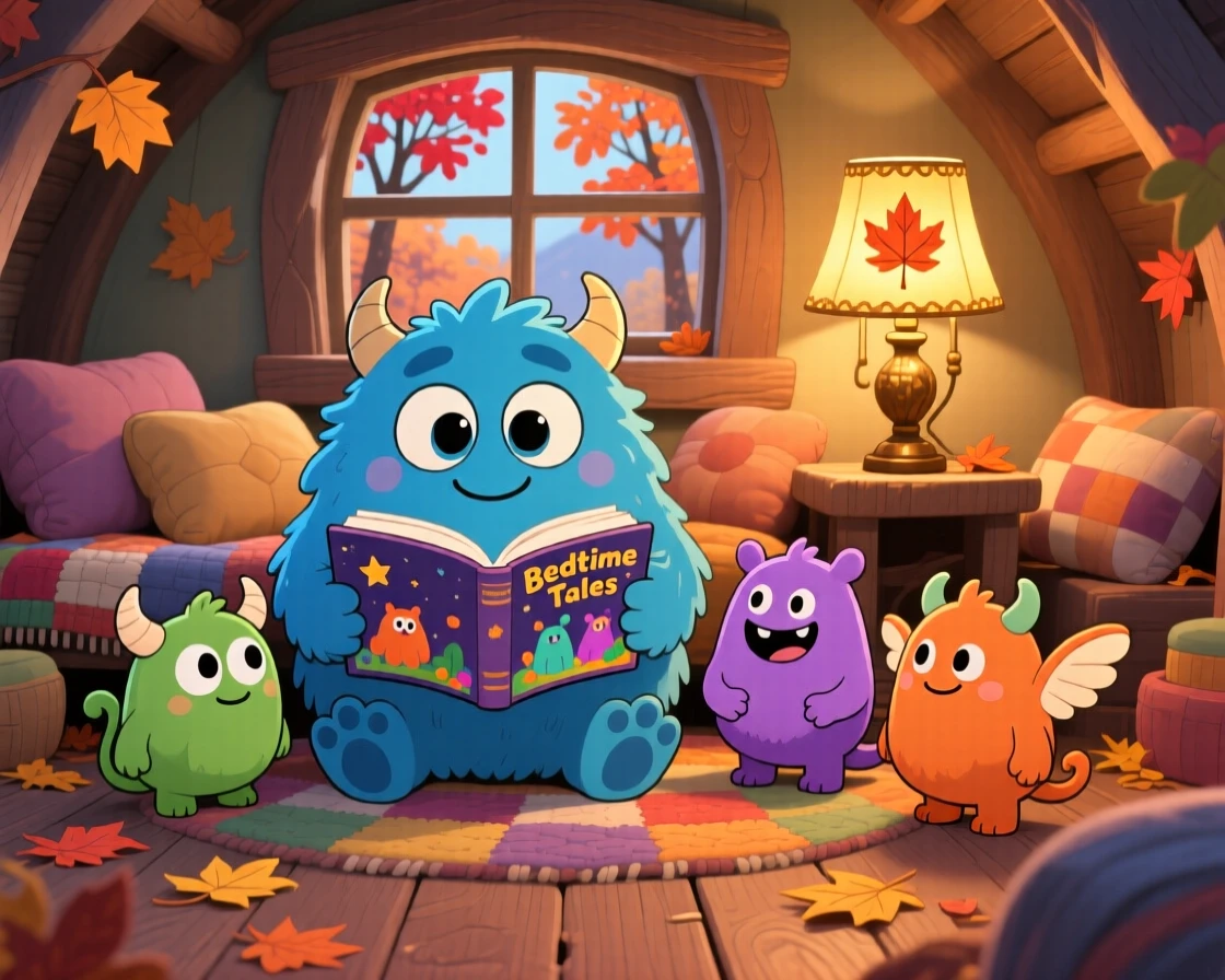 A fluffy blue monster reading a bedtime story to smaller monsters in a cozy monster den on a crisp autumn afternoon; warm lamplight washes over the scene as eager anticipation fills the moment. Symmetrical front-on view.