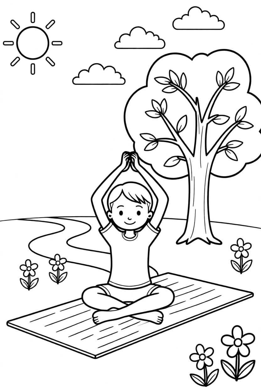 A child practicing yoga poses on a mat in a park