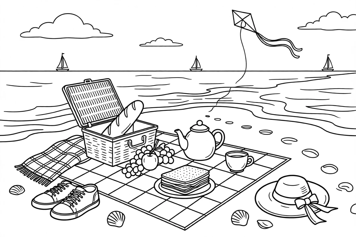 A picnic set up on a checkered blanket near the shoreline, with footprints trailing across the sand.