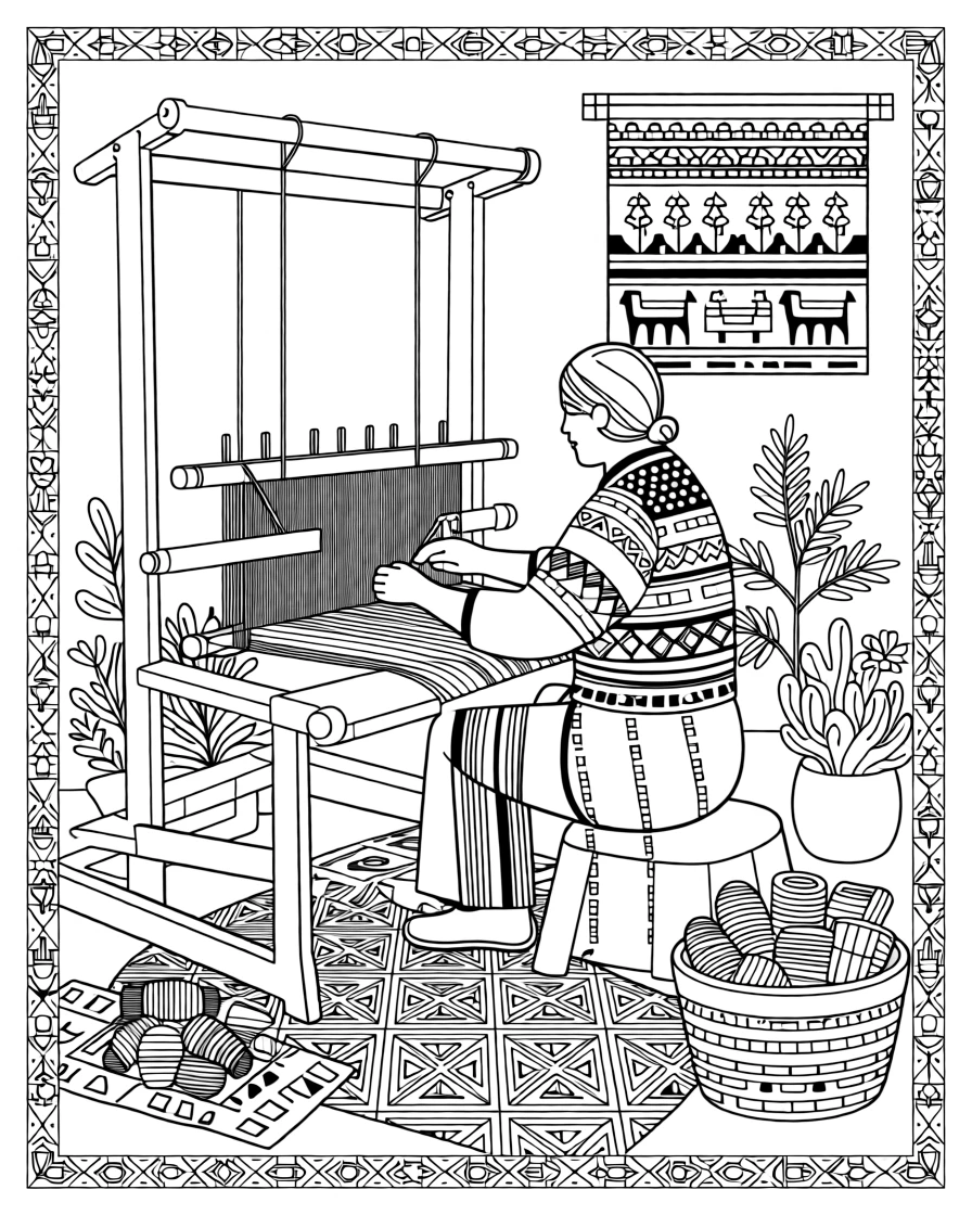 A weaver working a loom with vivid Andean patterns.