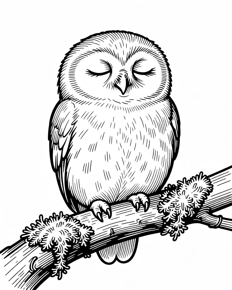 A round owlet blinking sleepily on a mossy branch