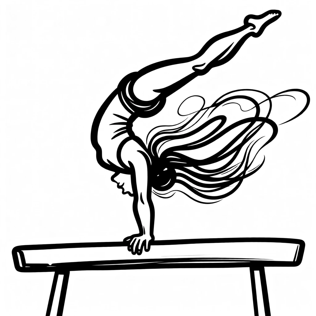 A gymnast performing a dramatic mid-air flip on a balance beam.