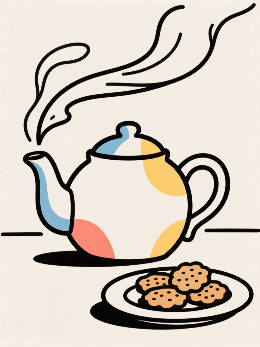 A ceramic teapot set steaming beside a plate of biscuits.