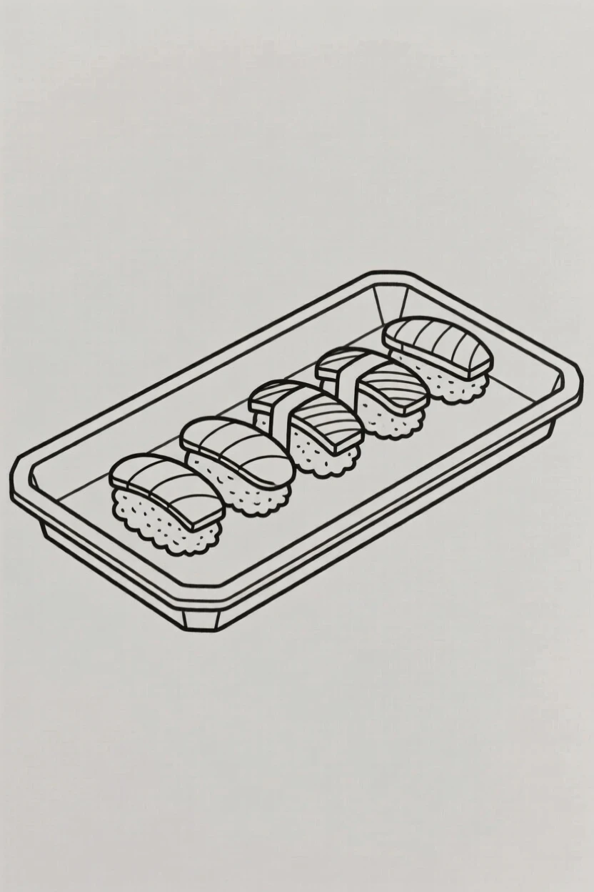 A tray of sushi nigiri arranged in a row
