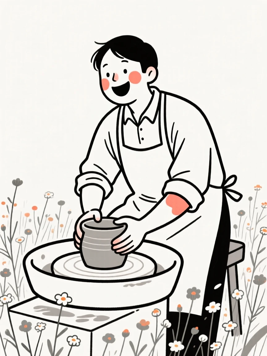 A potter of irish heritage shaping clay on a wheel, laughing joyfully, in a field of wildflowers.