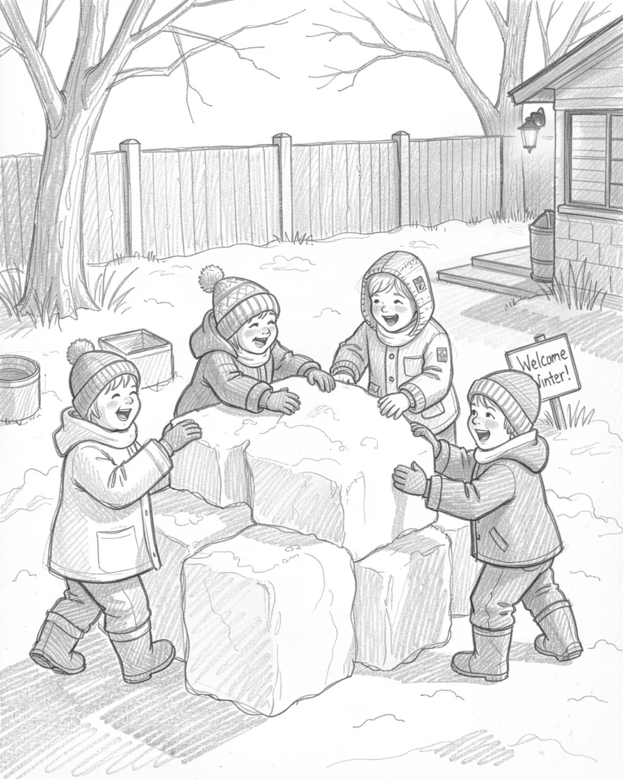 Children building a snow fort in fresh powder, in a warmly lit backyard, with laughter and joy filling the scene.