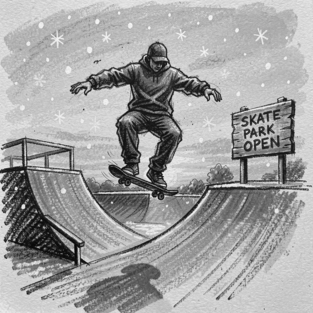 A skateboarder catching air at a sunset skate park, under a soft blanket of falling snow.