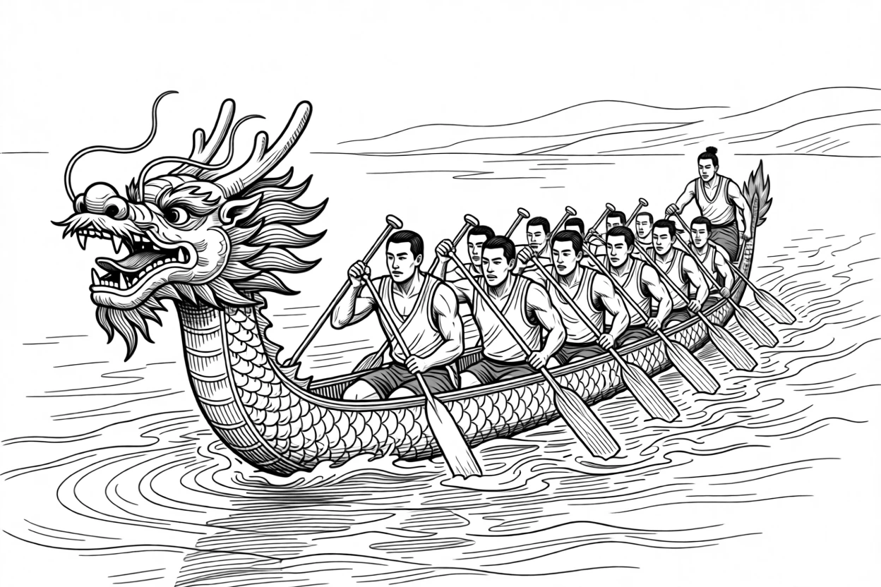 A colorful traditional dragon boat race with rowers paddling in unison.
