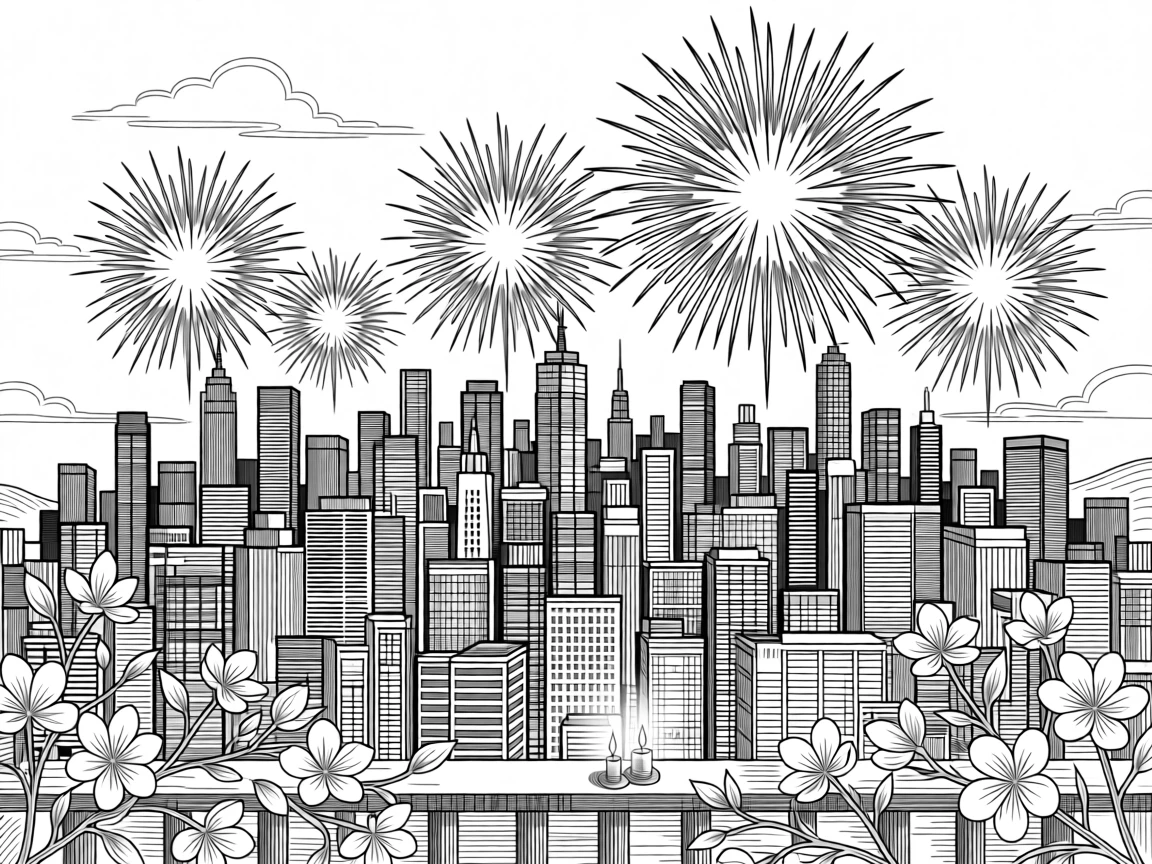 A new year's fireworks display over a city skyline as the first blossoms of spring begin to open, with candles flickering gently in the breeze, capturing a peacefully magical seasonal moment.
