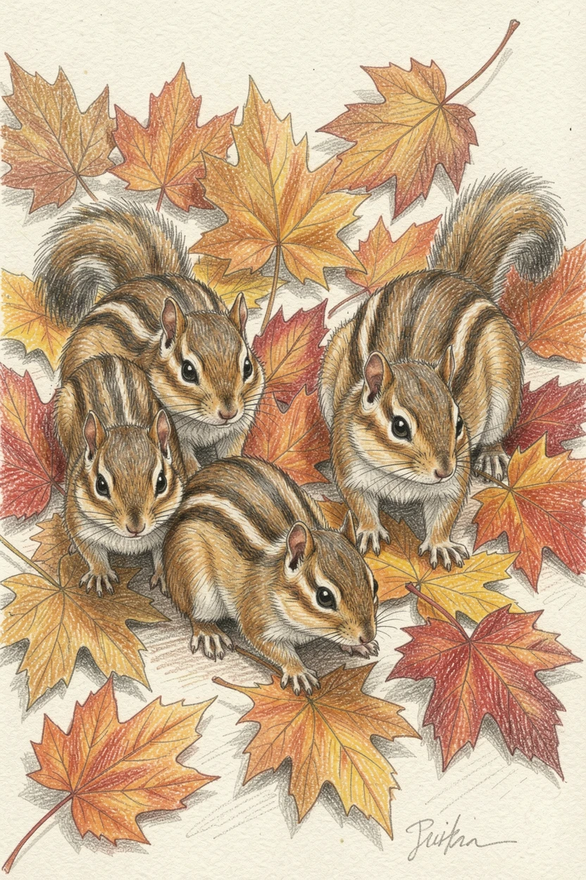 A family of chipmunks scurrying among fallen autumn leaves, framed thoughtfully to draw the eye toward the central subject, capturing a quiet story that lingers with the viewer.