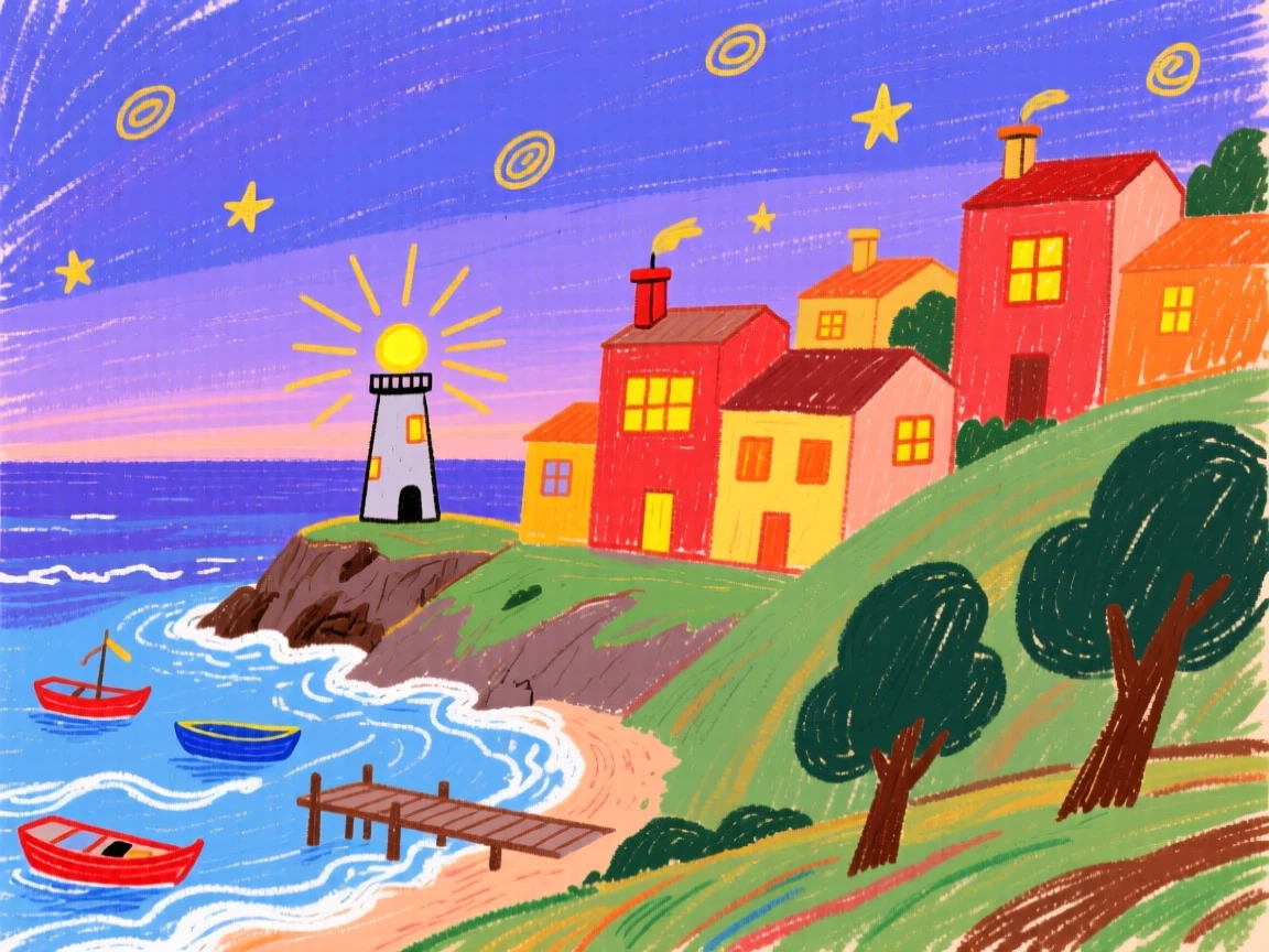 A view of a coastal town glowing warmly as evening lights begin to switch on.