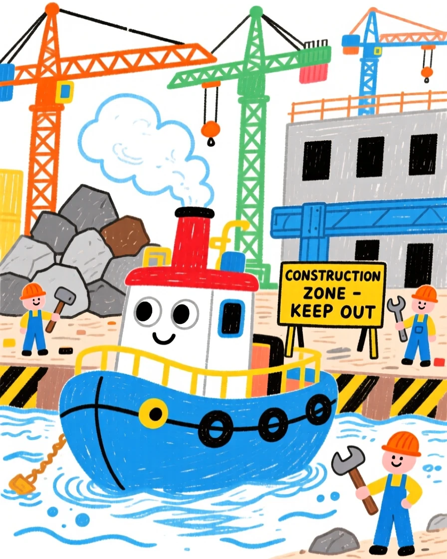 A small tugboat working at a busy construction site.