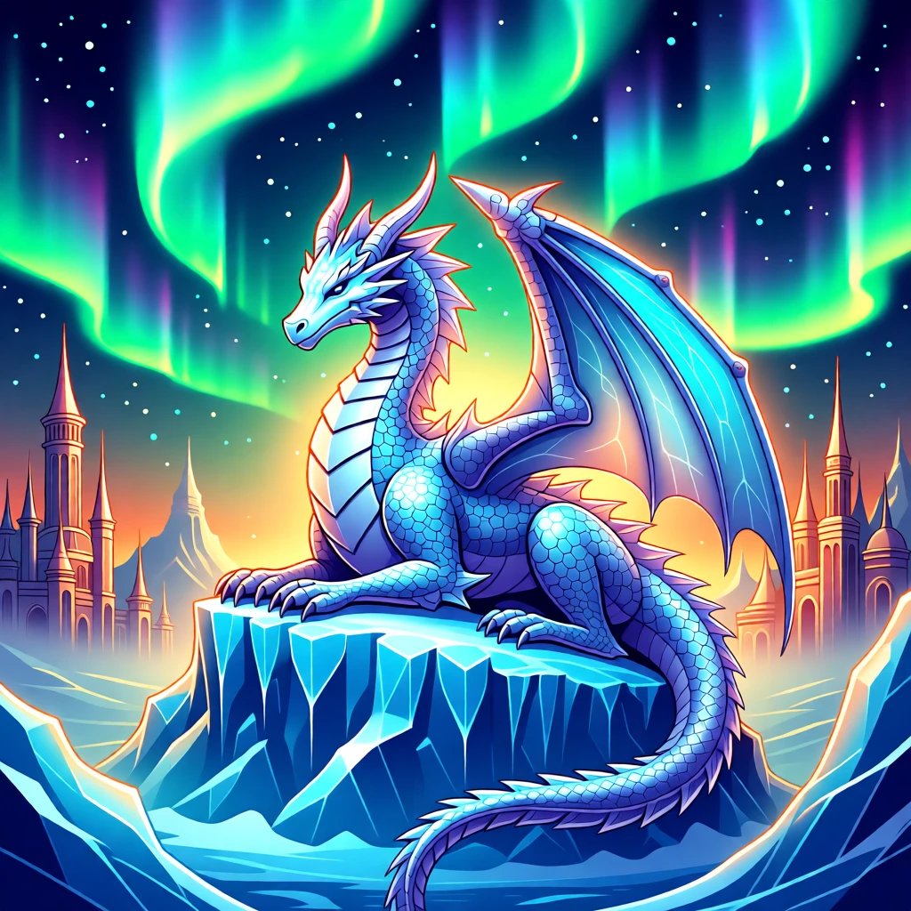 A majestic ice dragon resting atop a glacier under the northern lights, set within a mystical kingdom shrouded in soft golden light, arranged with soft glowing light radiating from the center, with rich jewel tones that evoke wonder and imagination.