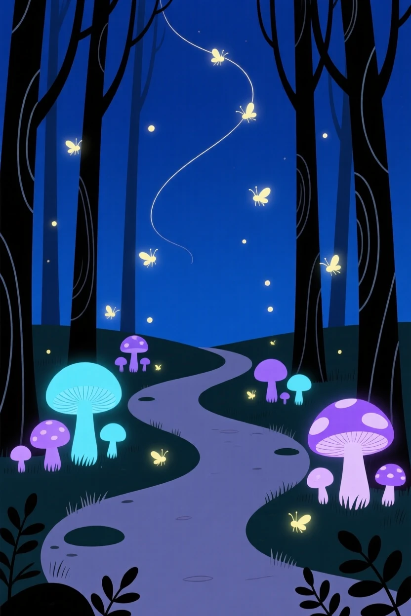 A magical forest path lined with glowing mushrooms and fireflies at night.